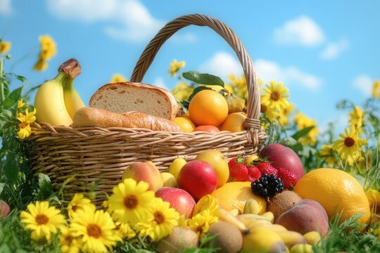 Fresh fruit and bread basket in a field of flowers
