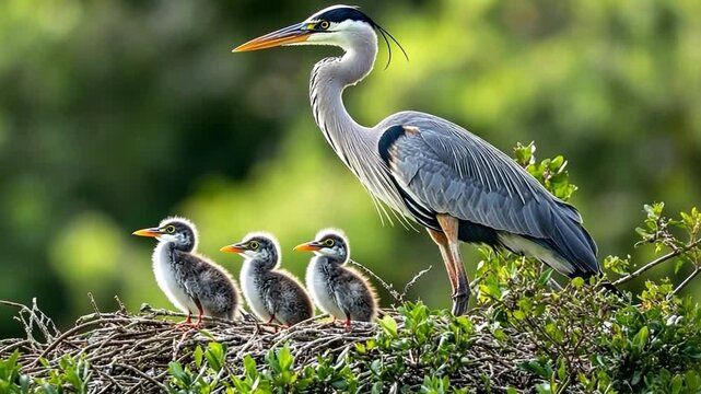 A serene setting featuring a heron with its three adorable chicks nestled in a cozy nest. This image highlights the beauty of bird life and family bonds in nature. AI