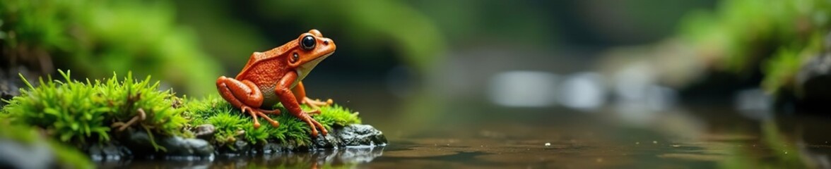 Fototapeta premium Toad perfectly blends with mossy stream rock, near water, habitat, damp, water