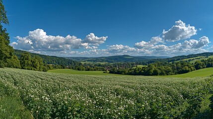 Panoramic countryside view of a field of plants with a village in the distance under a vibrant blue sky