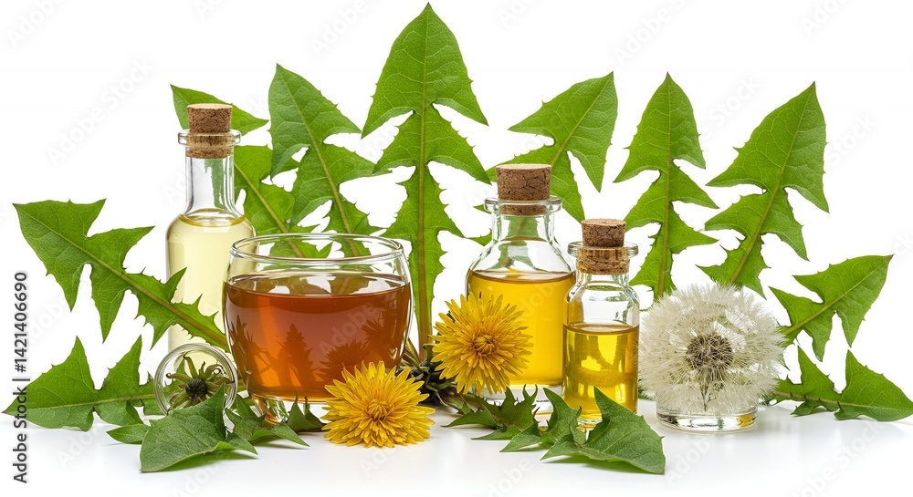Poster derivative products of dandelion with oils and extracts displaying arachnid like leaves and flower c