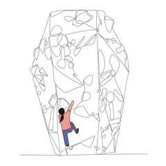 Single continuous line drawing of young muscular rockclimber girl woman hanging on  grip. Indoor Outdoor active lifestyle and wall climbing concept. Trendy one line draw design vector illustration