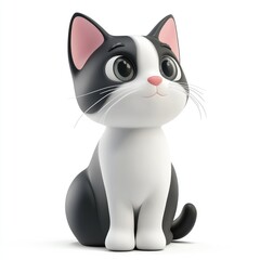 Obraz premium Cartoon black and white kitten sitting, looking upward.