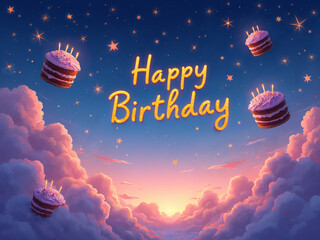 Magical 'Happy Birthday' Greeting with Floating Cakes and a Starry Sky