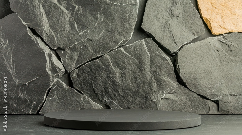 Aufkleber A circular dark gray podium platform on a stone textured background.