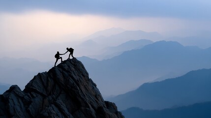 Two climbers on a mountain peak, reaching for each other