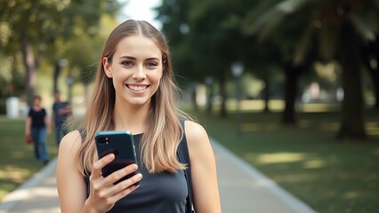 young beautiful smiling woman walking in city park with phone in hand