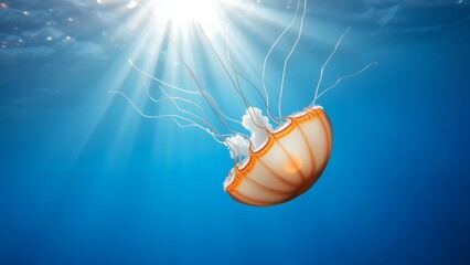 A Jellyfish while swimming free in the crystal clear of the coast illuminated by the sun's rays