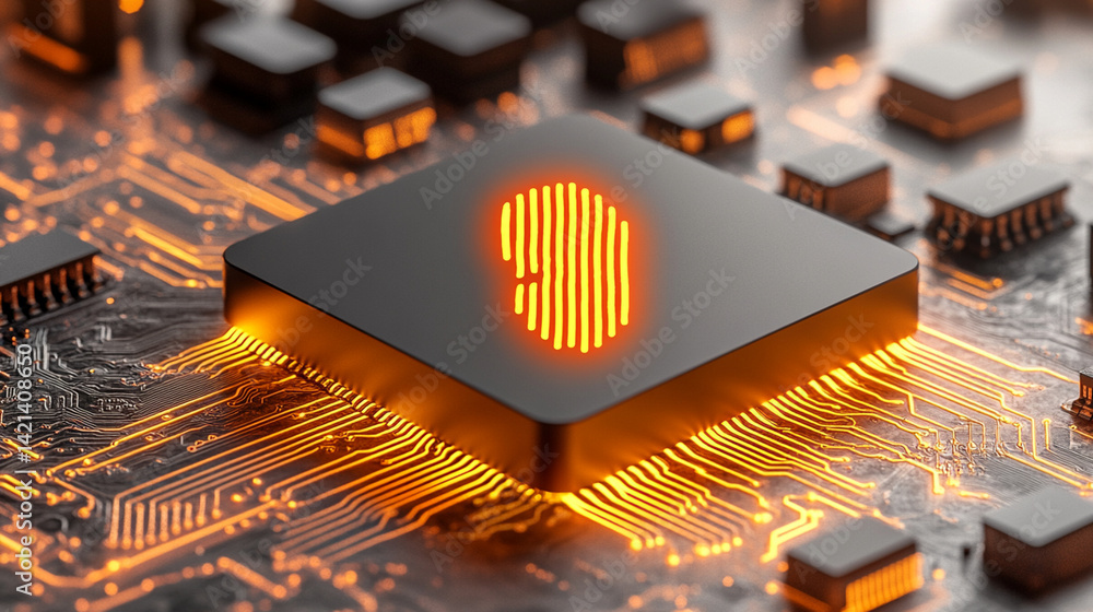 Poster biometric fingerprint scanner technology digital circuit board image high-tech environment close-up 