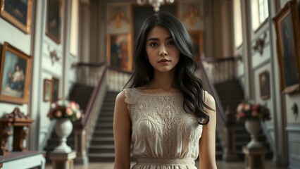 Young Asian woman with long hair interested in art and sculpture in the museum. Visitor in the lobby of the gallery