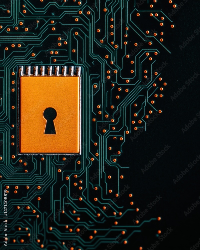 Poster golden chip on circuit board represents data protection and cybersecurity.