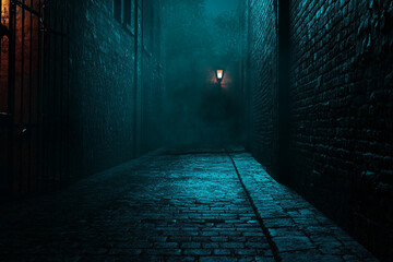 Dark alleyway at night single lamp mysterious atmosphere cobblestone path old brick walls