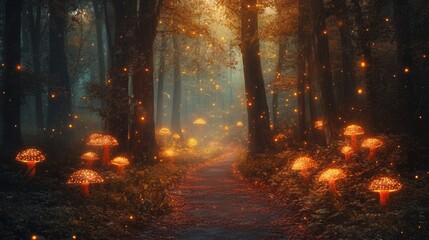 Naklejka premium Enchanted Forest Path with Glowing Mushrooms and Fireflies Ambiance