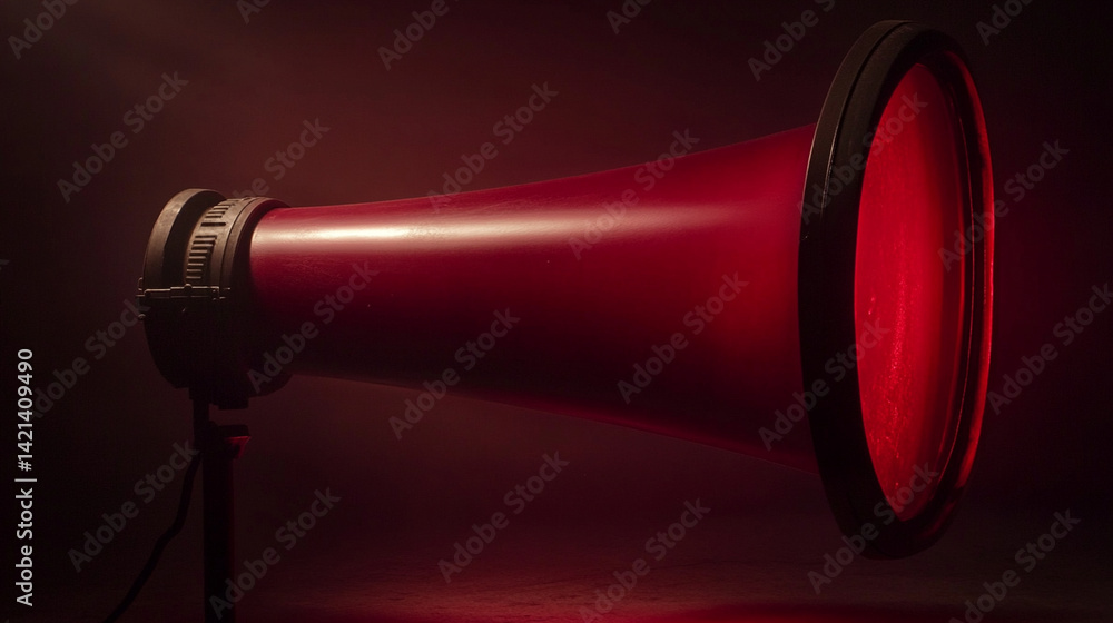 Poster dynamic red light emission from a glowing camera lens in a dark studio setting