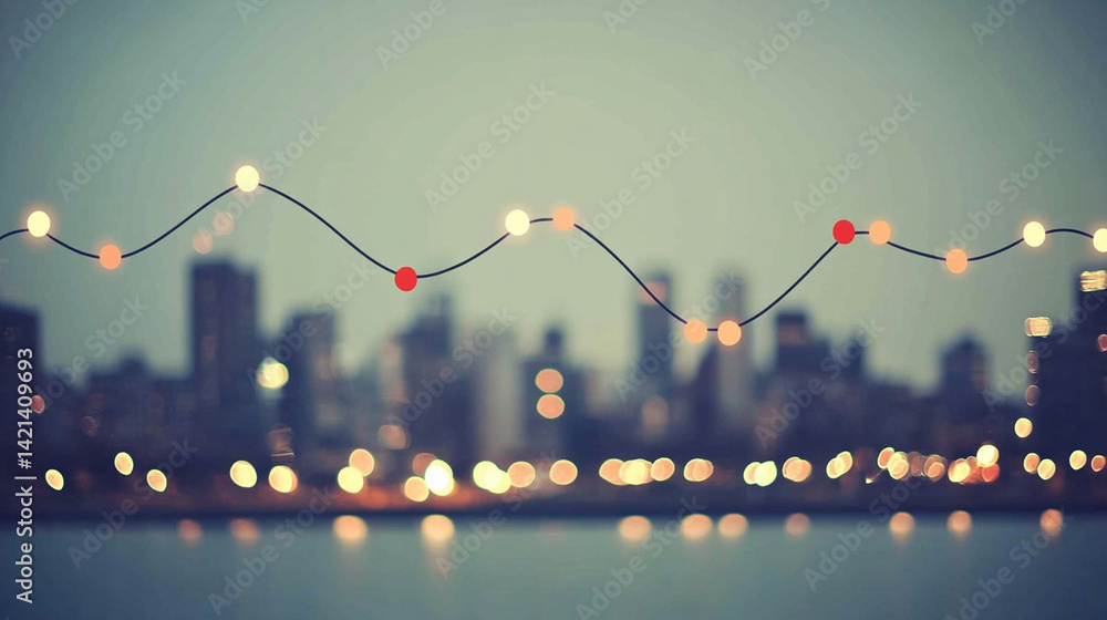 Poster illuminated data analysis chart urban skyline visual representation night setting aesthetic insight