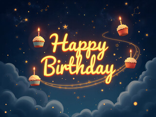 Starry Night 'Happy Birthday' Greeting with Flying Cupcakes and Glowing Candle