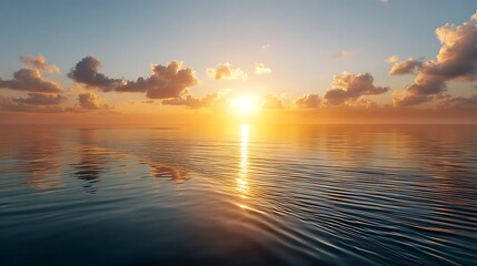Fototapeta premium Serene Sunset Over Calm Ocean Waters with Reflection and Gentle Clouds in a Beautiful Horizon Landscape