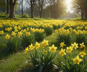 Sunlit daffodils burst forth in vibrant yellow against a lush green meadow , photography, image