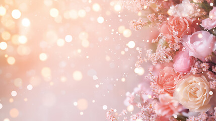 Fototapeta premium Blossom Bloom: A delicate arrangement of roses and blossoms, their petals tenderly lit against a bokeh of sparkling lights.