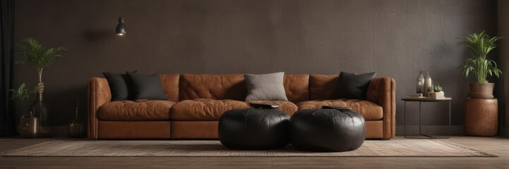 Two black vintage poufs complement brown sofa, creating a stylish eclectic space  Dark, sophisticated interior ,  modern interior,  black accents,  dark tones