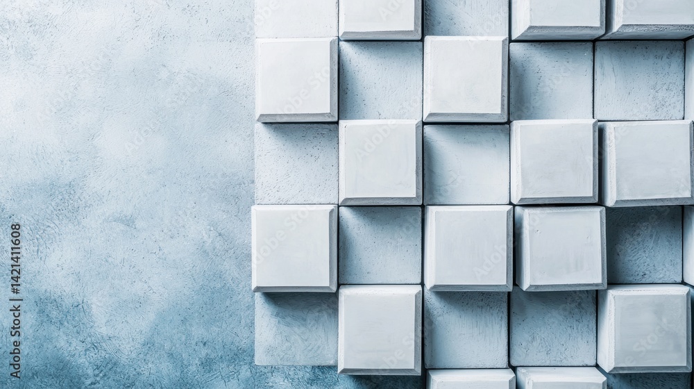 Poster abstract composition features geometric white cubes against a textured wall.