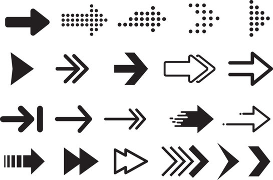 Set arrow icons. Collection different arrows sign. Set different cursor arrow direction symbols in flat style. Black arrows icons – stock vector