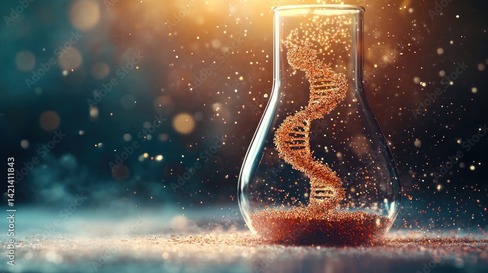 Fototapete DNA structure swirls within a flask illuminated by a golden sparkle light.
