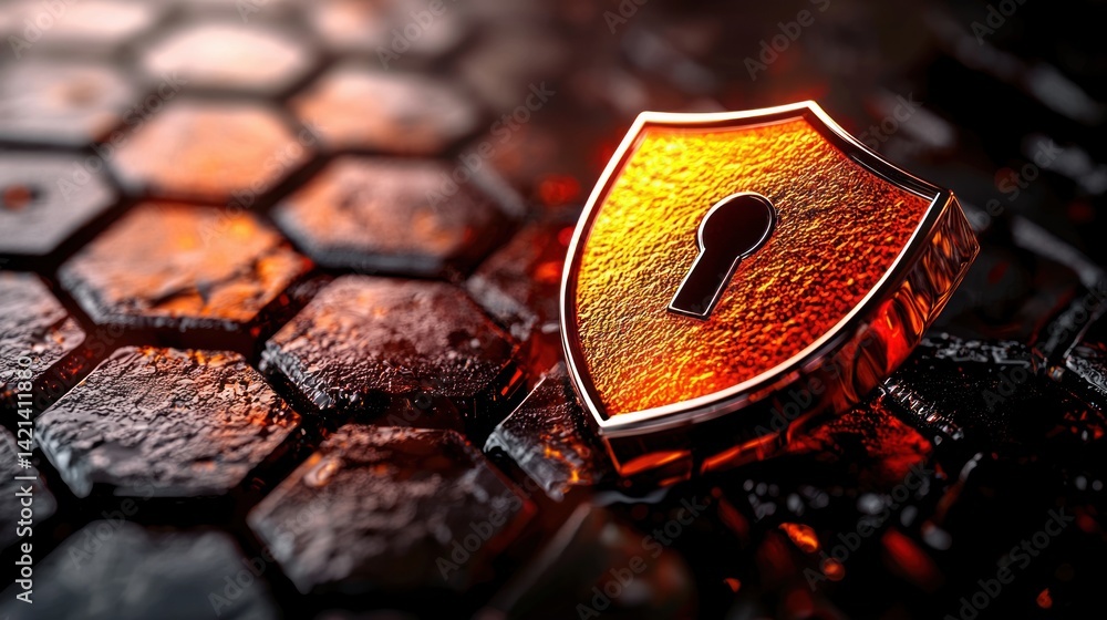 Aufkleber A golden shield with keyhole symbolizes digital security on textured surface.