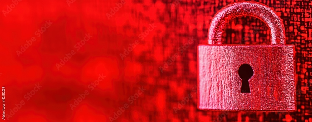 Poster a red padlock symbolizes data protection against a cyber attack online.