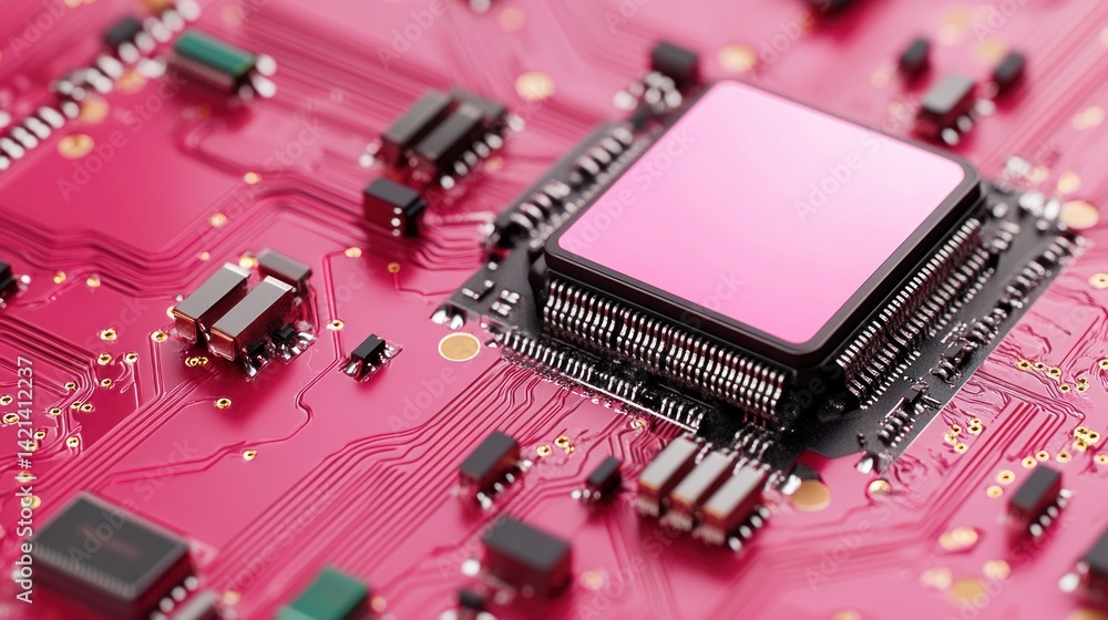 Aufkleber Detail of a computer processor chip on a red circuit board surface.