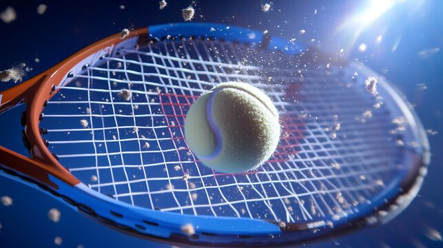 Hyper-realistic tennis ball strike with focus on ball compression and racket strings under dramatic lighting created with Generative AI technology