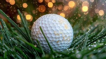 Detailed golf ball on dewy grass with soft morning light and bokeh background created with Generative AI technology