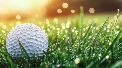 Macro close-up of white golf ball on green grass with morning dew and golden light created with Generative AI technology
