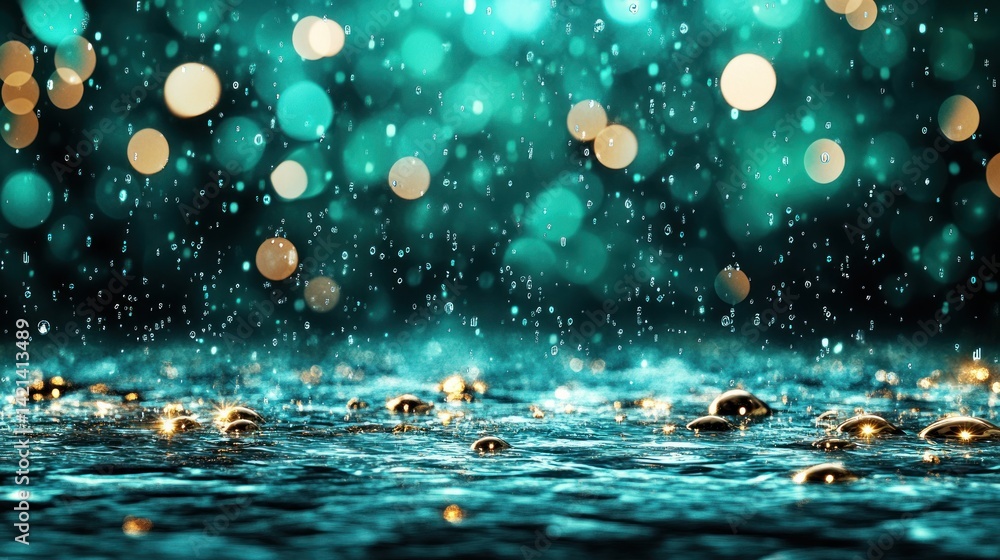Aufkleber abstract water surface with rain drops reflecting bokeh lights teal hue.
