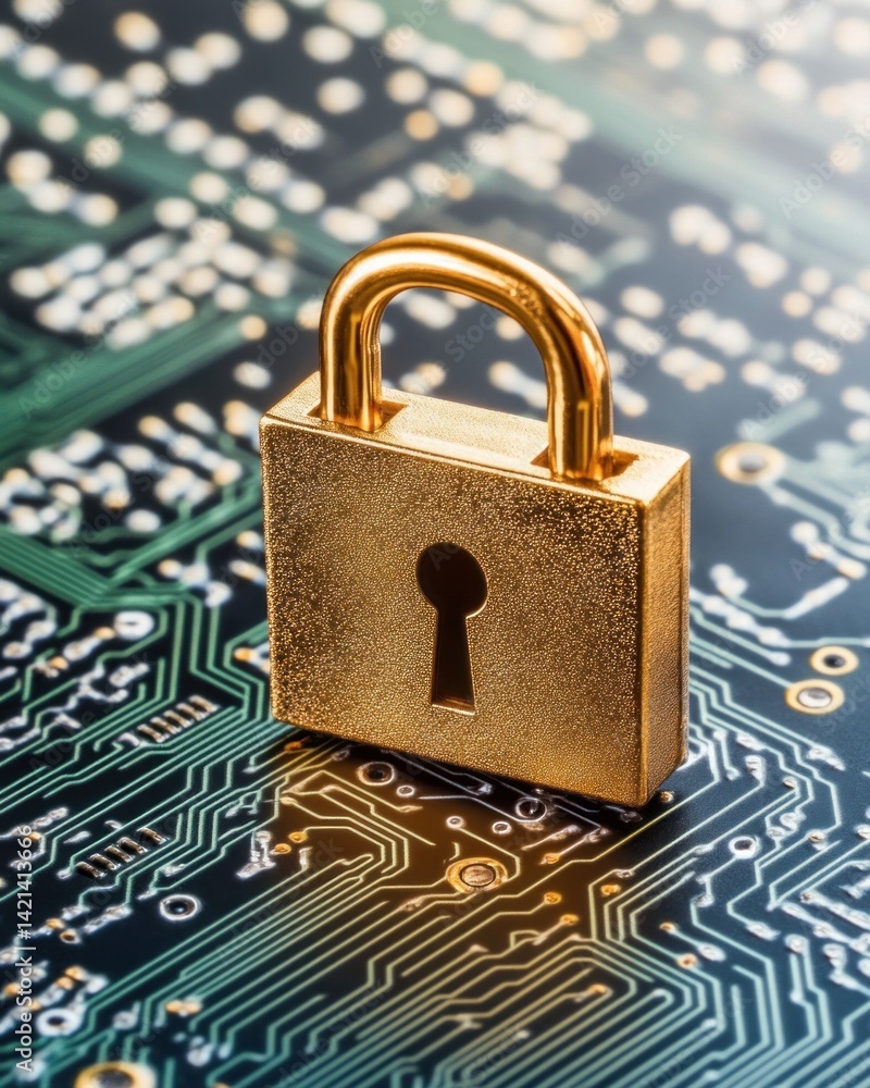 Poster a golden padlock secures data on a modern green circuit board surface.