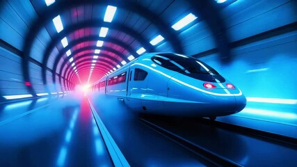 Futuristic high-speed train racing through a vibrant neon-lit tunnel with dynamic lighting effects - Powered by Adobe