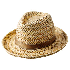 Woven fedora style hat with a brown band around the crown isolated on transparent background.