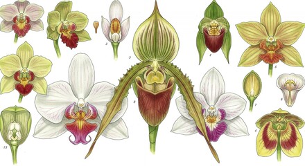 Orchidaceae Family Derivative Products Mockup Showing Labellum Petals in Detailed Botanical Illustration