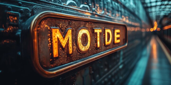 Motrice train sign illuminating paris metro station platform