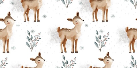 Cute deer pattern with wintery snowflakes and foliage.