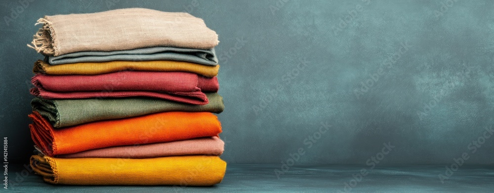 Fototapete a stack of colorful folded textile cloths rests on a textured surface.