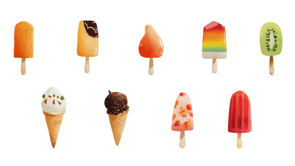 style Illustration of an Array of Ice Pops and Ice Cream Cones in a Flat Lay Arrangement, Showcasing a Plethora of Colorful Flavors and Creative Toppings, Perfect for Summery and Dessert