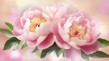 Fototapeta premium Two Pink Peony Flowers with Green Leaves