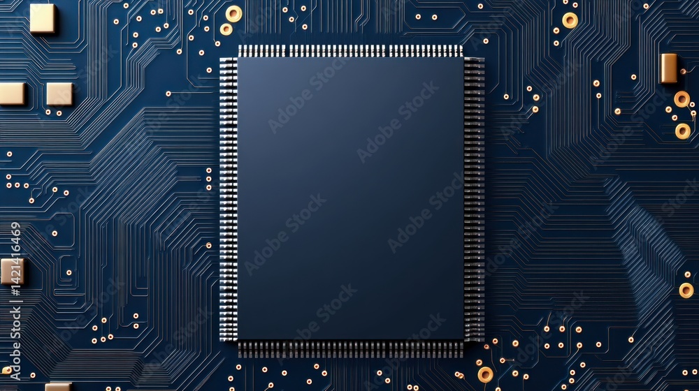 Poster close up shows an electronic circuit board with microchip at the center.