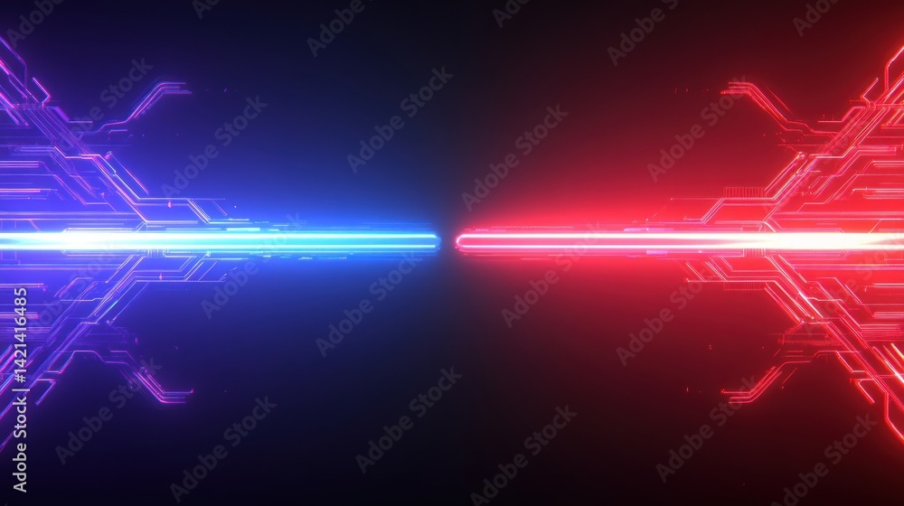 Poster Abstract digital network design featu blue and red light and circuit