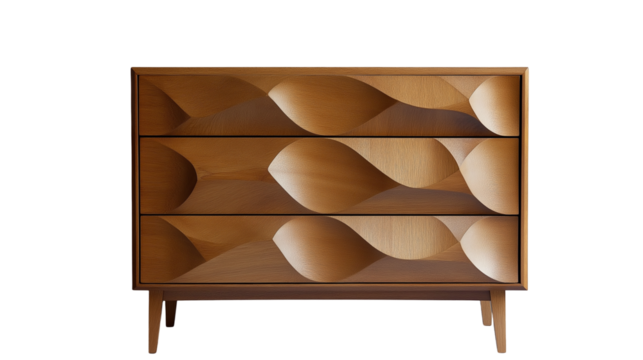 A stylish brown wooden drawers with wavy drawer fronts, blending elegance and functionality isolated on white background or transparent png 