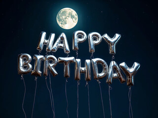 Silver 'Happy Birthday' Balloons Against a Moonlit Night Sky