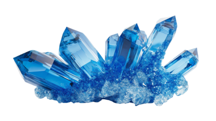 A sleek, elongated blue crystal with sharp facets and a shimmering, translucent surface isolated on white background or transparent png 