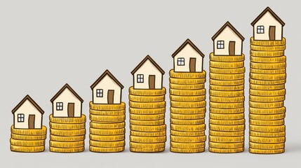 Stacked Gold Coins Forming Houses Representing Rising Property Value on Gray Background