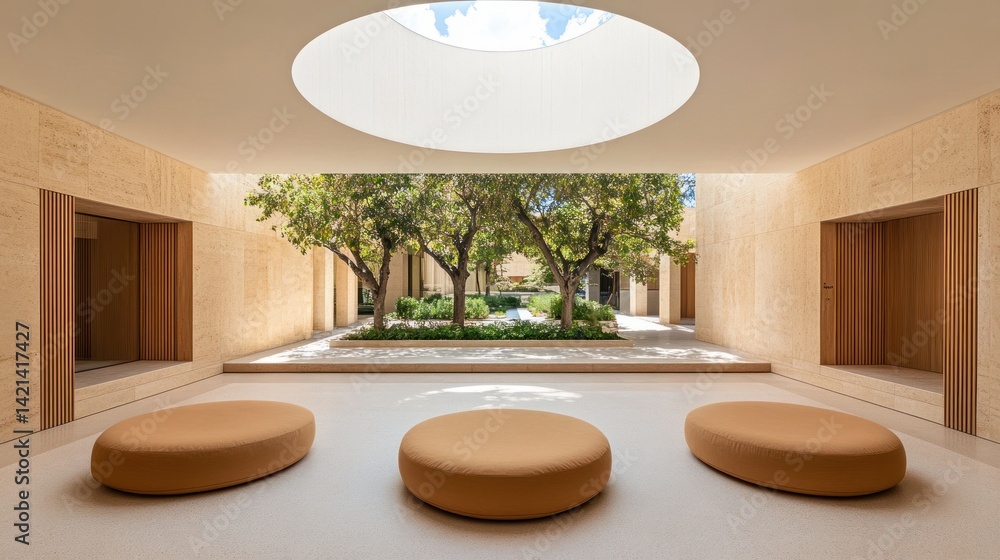 Poster beautiful minimalist architecture with garden view and natural light inside